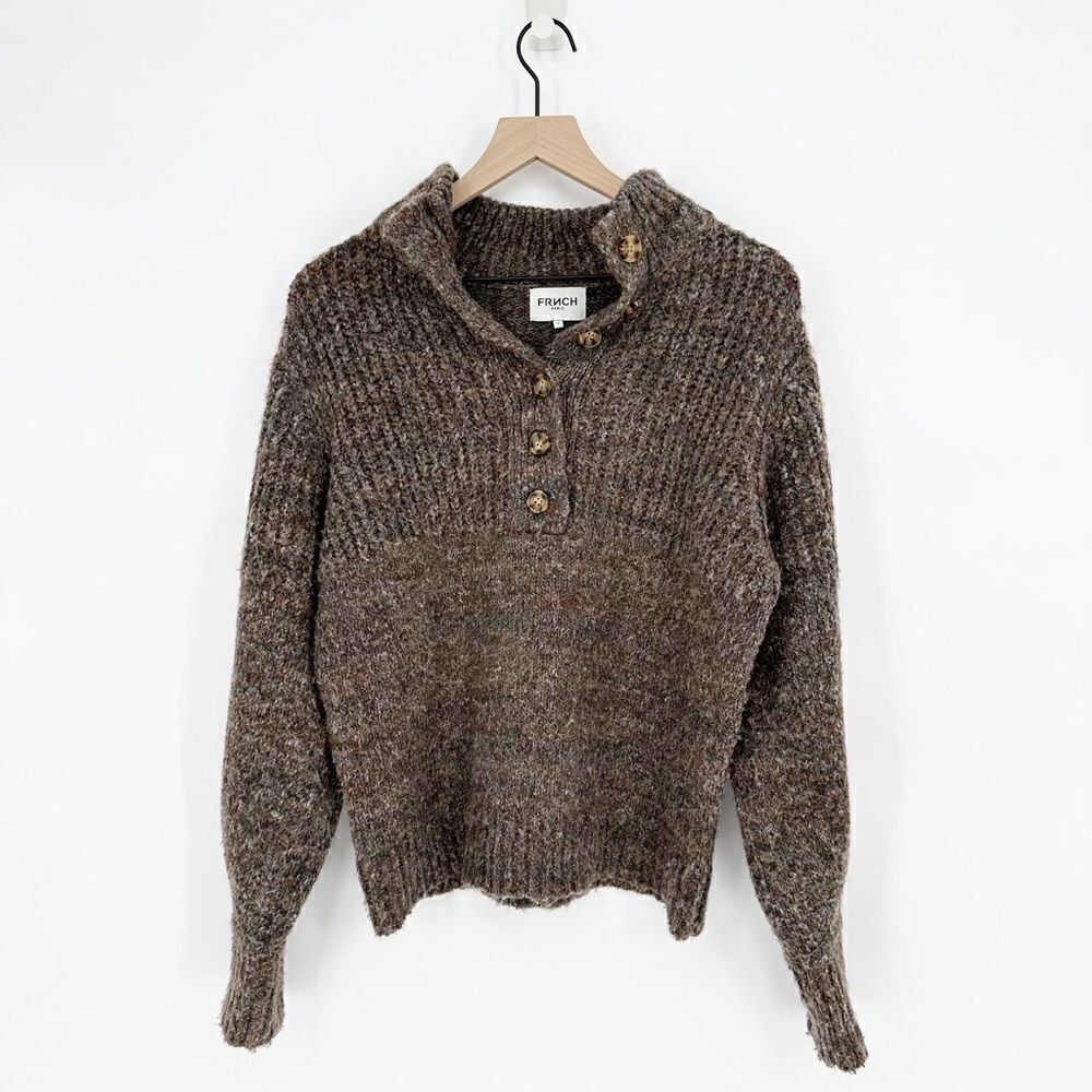 FRNCH PARIS Ribbed Henley Collar Sweater Striped Melange Brown Women's M